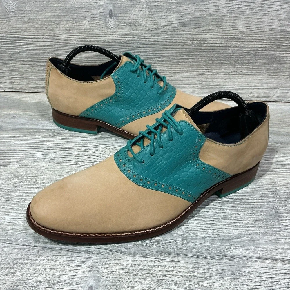 Cole Haan Tan Suede Green Croc Embossed Laced-Up Oxford Men's 9.5M Formal Career